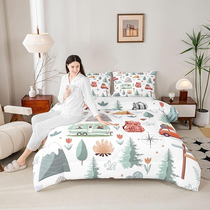 Kids Camping Comforter Set King, Car Bedding Set for Boys Girls, Travel Car Camper Accessories Bed Set, Botanical Floral Mountain Adventure Quilt, Cute Camper Duvet Insert Rv Decoration 3Pcs