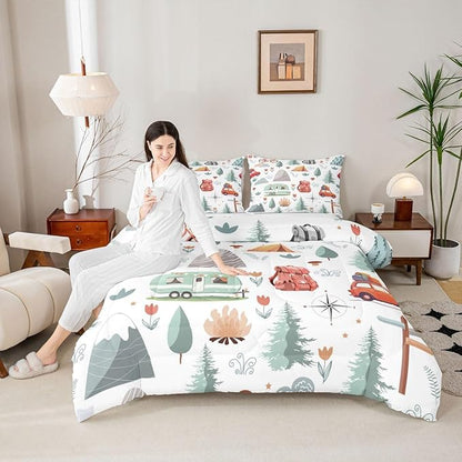 Kids Camping Comforter Set King, Car Bedding Set for Boys Girls, Travel Car Camper Accessories Bed Set, Botanical Floral Mountain Adventure Quilt, Cute Camper Duvet Insert Rv Decoration 3Pcs