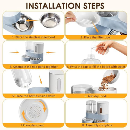Automatic Gravity Cat Dog Feeder and Water Dispenser with 304 Stainless Steel Bowls 2 in 1 360 Degree Rotatable Auto 2.4L Dry Food and 2.6L Water Bowl for Small Medium Pet Dog Puppy Kitten (Blue)