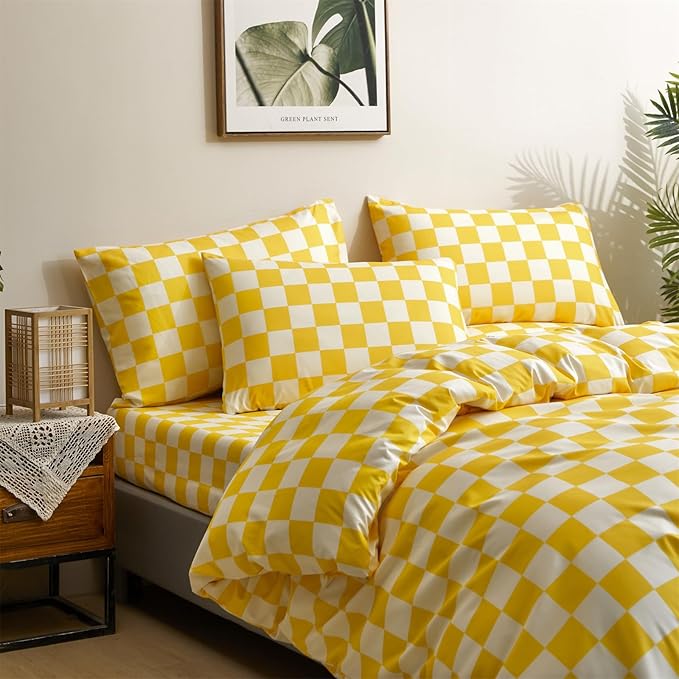 CLOTHKNOW Light Yellow Grid Queen Comforter Set Plaid Bedding Sets Checker Queen Comforter Light Yellow Queen Size Comforter Sets