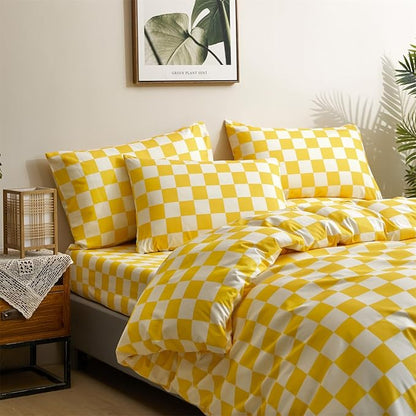 CLOTHKNOW Light Yellow Grid Queen Comforter Set Plaid Bedding Sets Checker Queen Comforter Light Yellow Queen Size Comforter Sets