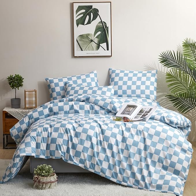 CLOTHKNOW Blue White Plaid Comforter Set Twin Grid Bedding Sets Kids Comforter Soft Light Blue Comforter Sets Twin with 2 x Pillow Cases
