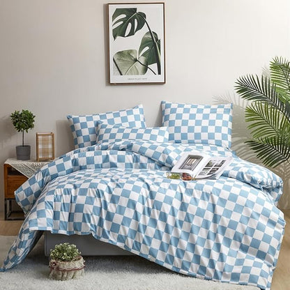 CLOTHKNOW Blue White Plaid Comforter Set Twin Grid Bedding Sets Kids Comforter Soft Light Blue Comforter Sets Twin with 2 x Pillow Cases