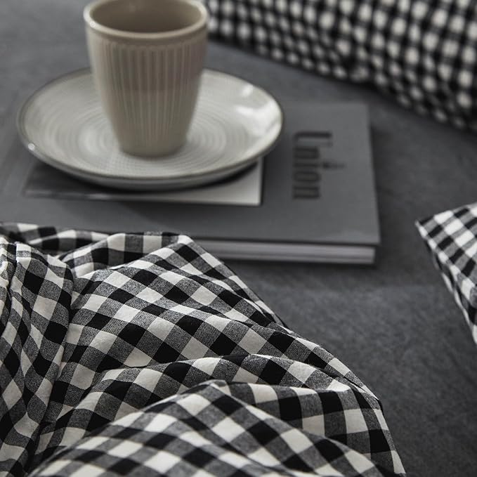 mixinni Black Gingham Comforter Set Queen, Plaid Comforter Set 3 Pieces 1 Black Grid Comfoter with 2 Pillow Cases for All Seasons, Soft Fluffy Modern Grid Pattern Printed Bedding-Queen Size