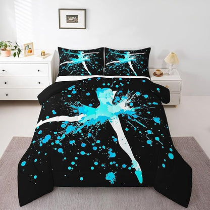 Erosebridal Girls Gymnastics Bedding Set - Blue Tie Dye Queen Size Comforter Set with Down Comforter for Gymnast Kids & Teens - Dance Room Decor & Sport Game Duvet Set