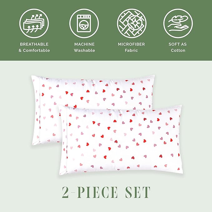 Elegant Comfort Ultra Soft Set of 2 Hearts Print Pillowcases - 1500 Premium Hotel Quality Microfiber, Soft and Smooth Envelope Closure 2-Piece Pillow Covers - Standard/Queen, Valentina