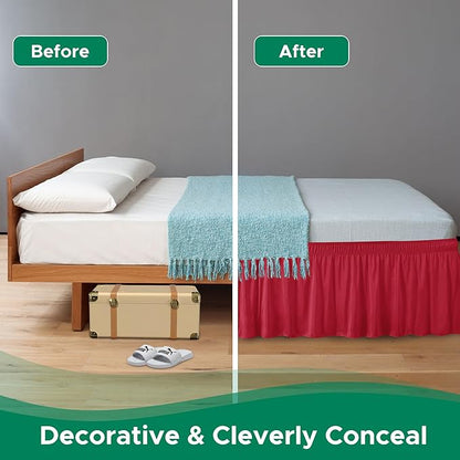 Biscaynebay Wrap Around Bed Skirts for Full & Full XL Beds 15" Drop, Red Adjustable Elastic Dust Ruffles Easy Fit Wrinkle & Fade Resistant Silky Luxurious Fabric Machine Washable