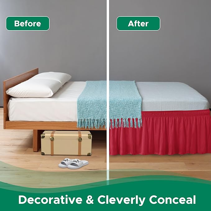 Biscaynebay Wrap Around Bed Skirts for King & Cal King Beds 15" Drop, Christmas Red Adjustable Elastic Dust Ruffles Easy Fit Wrinkle & Fade Resistant Silky Luxurious Fabric Machine Washable