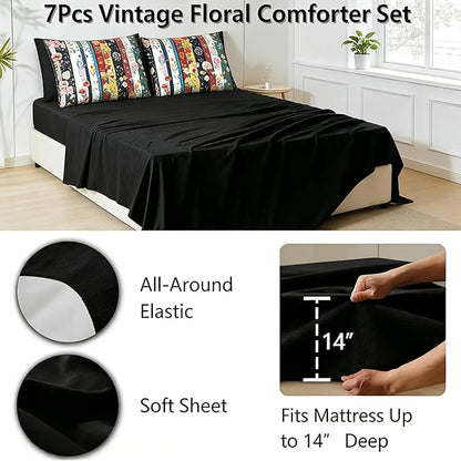 Vintage Black Floral King Size Bed in A Bag for Girls, 7Pcs Stripe Patchwork Comforter Set for Farmhouse Country Bedroom Decor, Black Botanical Quilted Bedding with 2 Pillowcases, 104"x90"