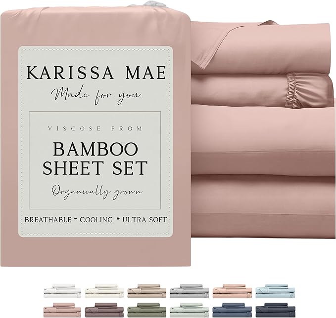 KARISSA MAE Cooling Bamboo Viscose Cal King Sheet Set | 100% FSC Certified | 18” Deep Pocket | Silky, Soft, & Hypoallergenic | with Organizer Band & Elastic Corner Straps [Dusty Rose]