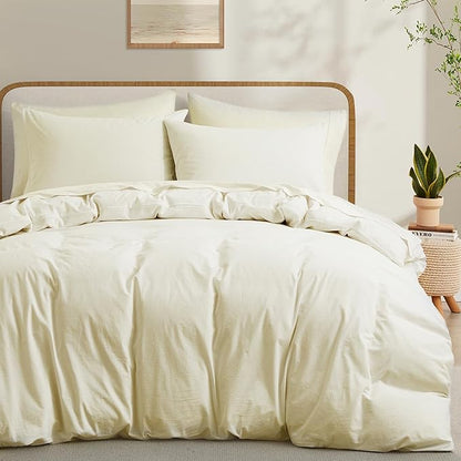 Cream White Cotton Duvet Cover Full Size, Linen-Like Natural Bedding Set with Zipper Closure (No Comforter), Full Size, Duvet Cover (80"x90") x 1, Pillowsham(20"x26") x 2