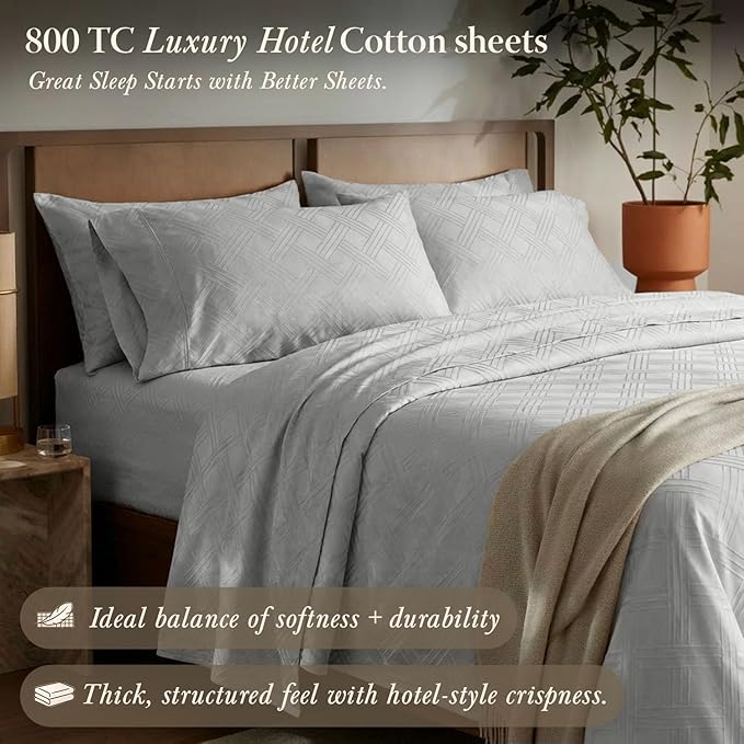 Threadmill Luxury Full Size Sheets for Full Size Mattress | 800 Thread Count Cotton Sheets | Jacquard Celine Light Grey | Better Than Egyptian Cotton| 4 Pc Bed Sheets | with Elasticized Deep Pocket