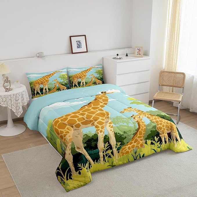 Cartoon Giraffe Comforter Set Twin Size for Kids Cute Tropical Wild Animal Bedding Sets All Season Blue Sky Jungle Trees Quilt Set Bedroom Decor Tallest Neck Animal Down Comforter,2Pcs