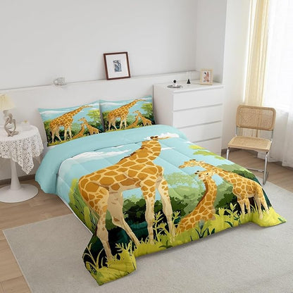 Cartoon Giraffe Comforter Set Twin Size for Kids Cute Tropical Wild Animal Bedding Sets All Season Blue Sky Jungle Trees Quilt Set Bedroom Decor Tallest Neck Animal Down Comforter,2Pcs