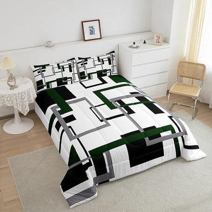 Erosebridal Black and White Green Comforter Set Twin Size,Squares Bedding Set for Kids Boys Girls,Modern Geometric Quilt Set,Mid Century Novelty Duvet Insert with 1 Pillowcase Warm