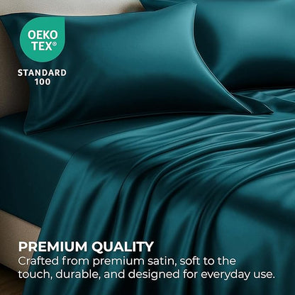 Satin Sheets King [4-Piece, Teal] Hotel Luxury Silky Bed Sheets - Extra Soft 1800 Microfiber Sheet Set, Wrinkle, Fade, Stain Resistant - Deep Pocket Fitted Sheet, Flat Sheet, Pillow Cases