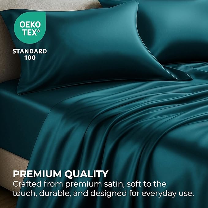 Pure Bedding Satin Sheets Full [4-Piece, Teal] Hotel Luxury Silky Bed Sheets - Extra Soft 1800 Microfiber Sheet Set, Wrinkle, Fade, Deep Pocket Fitted Sheet, Flat Sheet, Pillow Cases