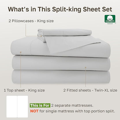 Luxury Adjustable Split King Bedsheets Set, Soft 100% Cotton, 500 Thread Count Sateen, Includes Twin-Xl Fitted Sheets, Snug Fit, Sheet Sets & Pillowcases (Split King, Light Grey)