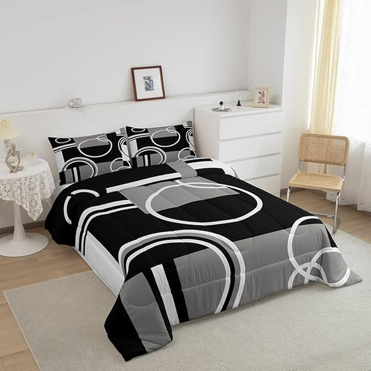 Erosebridal Modern Grey Black Striped Comforter Set Geometric Down Comforter King Size Retro Circle Swirls Bedding Set Bedroom Decor Abstract Texture Color Art Comforter for Kids Adult
