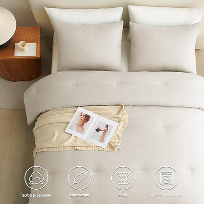 CozyLux Oversized Queen Comforter Set Beige, 3 Pieces 98x98 Solid Breathable Quilted Bedding Sets for All Season, Luxury Soft Lightweight Bed Set with Down Alternative Comforter and 2 Pillowcases