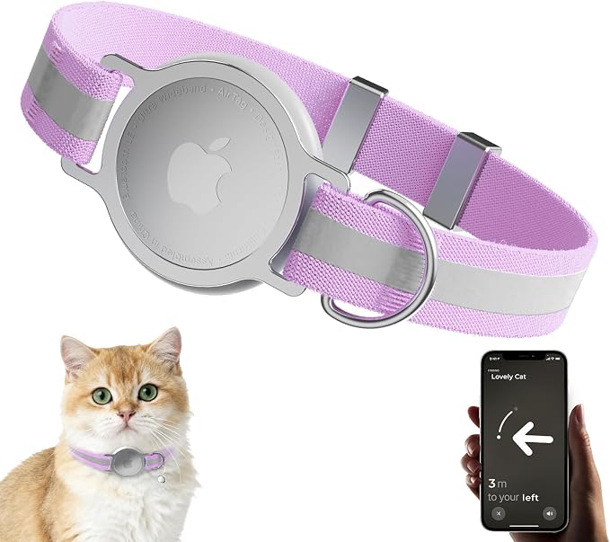 AirTag Cat Collar, Ultra Elastic Cat Tracker Collar (Reflective Violet) | Compatible with Apple Air Tag Holder, Lightweight, Scratch Resistant, Stepless Adjustable Pet Tracking Collars for Cat Kitten