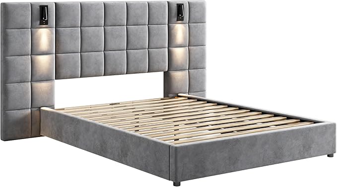 Merax Upholstered Queen Bed, with Reading Lamp and USB Port, Wide Velvet Headboard, (Without Bedside Tables and Mattress), Grey
