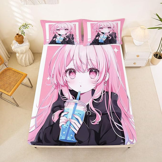 Erosebridal 3D Japanese Queen Bed Sheets Anime Girl Drinking Milk Tea Fitted Sheet,Cute Kawaii Girly Kids Bedding Sets Modern Fashion Aesthetic Sheets with 2 Pillowcases