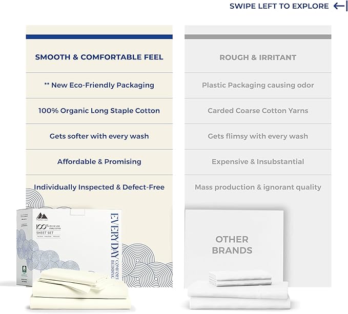 Mayfair Linen 100% Organic Cotton Sheets Twin XL Size - 3 PC Organic Cotton Twin XL Size Percale Weave Sheet Set, Soft, Cooling, Crisp & Breathable, 16" Deep Pocket Hotel Quality Bedding Set - Ivory