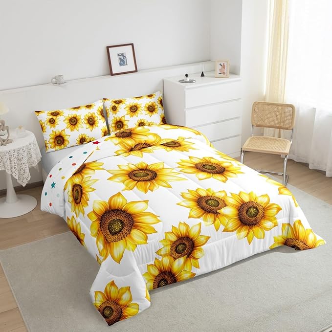 Erosebridal Sunflower Comforter Set Twin Size 3D Floral Botanical Bedding Yellow Flowers Sets Pastoral Decor For Bedroom Quilt Garden Bloom Down With 1 Pillowcase, White, (GHS4189XXY-BZ_USt)