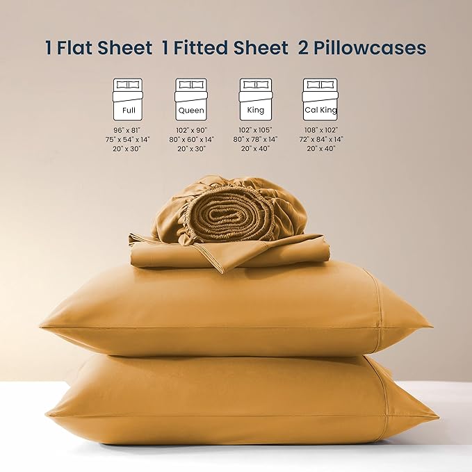 SLEEP ZONE Nanotex Super Soft Cooling Full Size Bed Sheets Set 4 Piece - Easy Care Fitted Flat Sheet & Pillowcase Sets - Wrinkle Free, Fade Resistant, Deep Pocket 16" (Dull Yellow, Full)