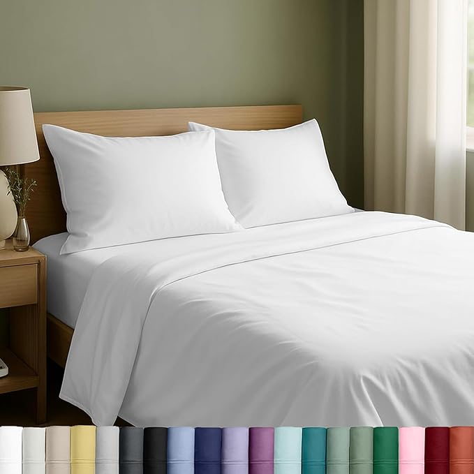 California Design Den Natural 100% Cotton Sheets Full Size Bed Set with Deep Pockets - Soft Sateen Weave, Durable Full Size Bed Sheets (White)