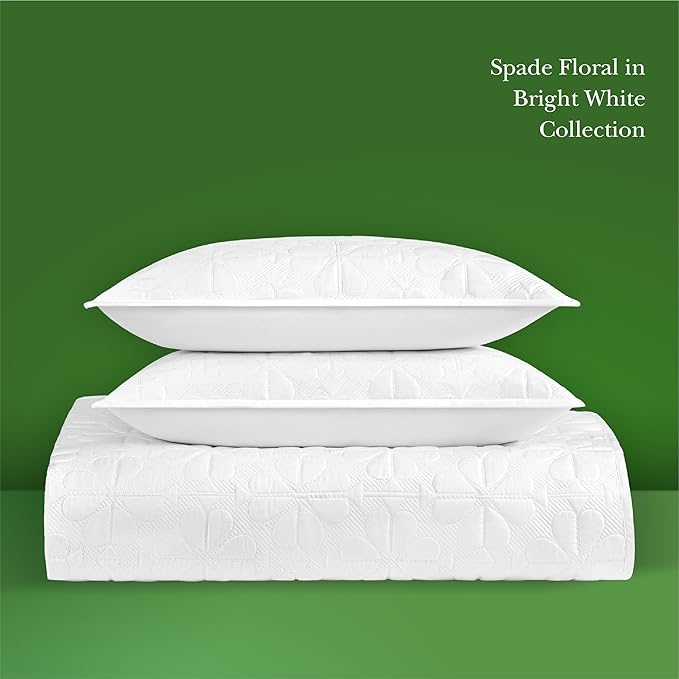 kate spade new york Spade Floral 3-Piece Full Queen Quilt Bedding Set, 100% Cotton Sateen Reversible Cover, All Season Warmth Bedding, Machine Washable, Bright White