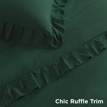 Litanika Dark Emerald Green King Comforter Set, 3 Pieces Boho Vintage Solid Forest Ruffle Bedding Set, All Season Lightweight Bed Set (104x90In Comforter & 2 Pillowcases)