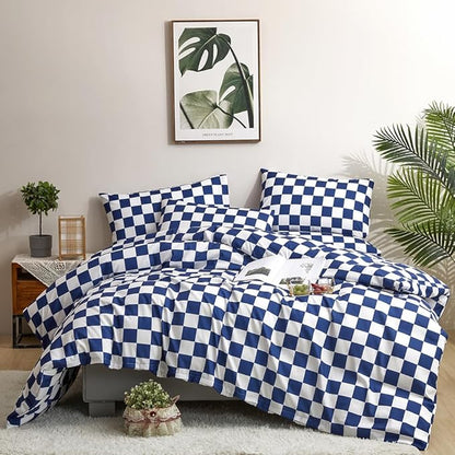 CLOTHKNOW Blue White Plaid Comforter Set Twin/Twin XL Grid Bedding Comforter Sets Royal Blue White Bed Comforter Blue Bedding Sets Soft