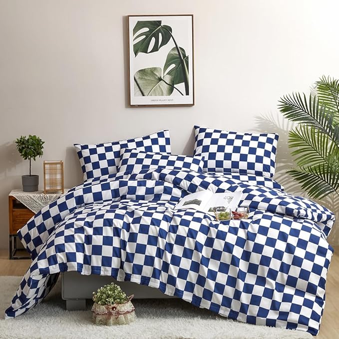 CLOTHKNOW Blue White Plaid Full Size Comforter Set 3Pcs Grid Bedding Comforter Sets Soft Blue Comforter with 2 x Pillow Cases
