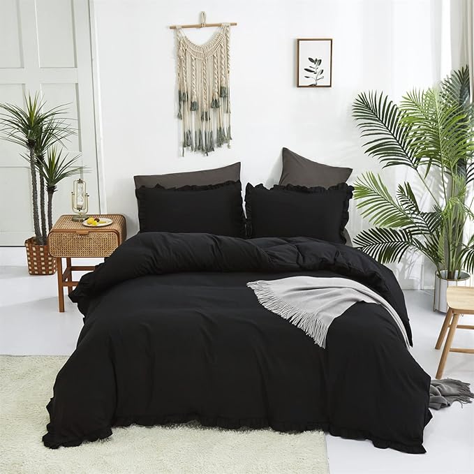 Luxlovery Black Ruffle Comforter Set Queen Farmhouse Shabby Khaki Bedding Comforter Set Full All Black Color Quilts Blankets Vintage Shabby Soft Breathable Boho Bedding Set for Queen Bed Women Men