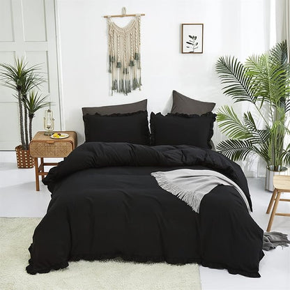 Luxlovery Black Ruffle Comforter Set King Pure Farmhouse Bedding Shabby Boho Taupe Blanket Quilts Vintage Chic All Dark Color for Bed Women Men, Black,