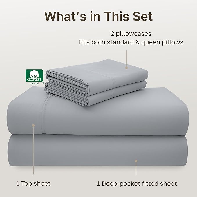 California Design Den - Luxury Full Size Sheet Set - 100% Cotton, 600 Thread Count Deep Pocket Full Size Bed Sheets, Sateen Weave - Light Grey