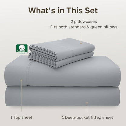 California Design Den - Luxury Full Size Sheet Set - 100% Cotton, 600 Thread Count Deep Pocket Full Size Bed Sheets, Sateen Weave - Light Grey