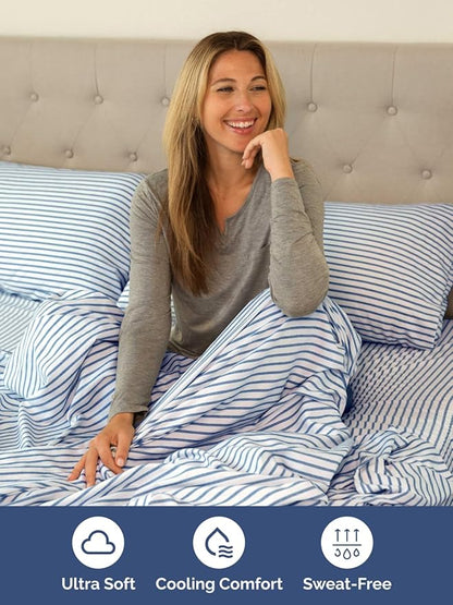 Extra Deep Cal King Sheet Set - 6 Piece Breathable and Cooling Sheets - Hotel Luxury Bedding for Women, Men, Kids & Teens - Easy Secure Fit - Soft & Wrinkle Free - Extra Deep Pockets - Blue Stripes
