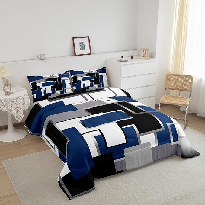 Erosebridal Blue Grey White Comforter Set for Kids Boys Girls,Geometric Bedding Set Queen,Watercolor Square Quilt Set,Modern Style Pattern Duvet Insert with 2 Pillowcases Home Room Decor