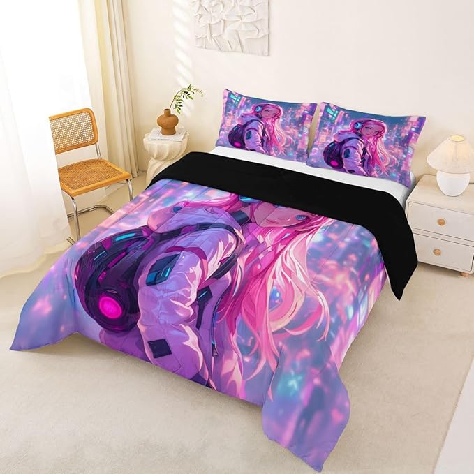 Erosebridal Anime Girl Queen Comforter Set Japanese Style 3D Anime Down Comforter for Kids Girls Boys Room Decor,Sci Fi Style Gaming Bedding Set Hot Pink Colorful Bed Duvet Insert