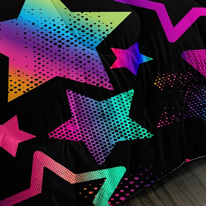 Kawaii Color Star Comforter Set Kids Bedroom Set,Neon Light Star Bedding Full Size Comforter Sets for Boys Girls Room Decor,Aesthetic Bedding Sets with 2 Pillowcases.