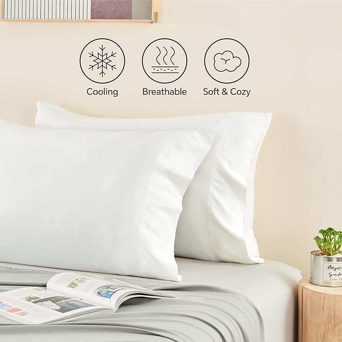 BEDELITE King Size Pillow Cases Set of 2, Rayon Derived from Bamboo, Cooling Pillow Cases for Hot Sleepers & Night Sweats, Breathable and Silky Soft Envelope Pillowcases(White, 20"x36")