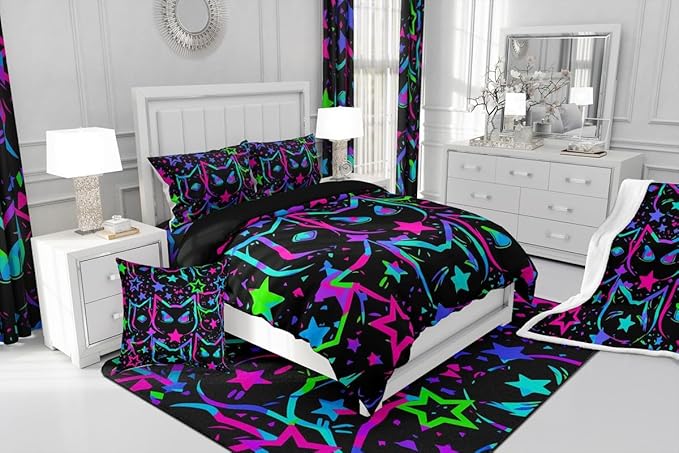 Erosebridal Halloween Cat Bedding, Black Cat Comforter Set for Kids Girls Boys Teens, Ombre Glowing Neon Stars Down Comforter, Kawaii Cartoon Kitten Duvet Insert, Gradient Galaxy Quilt, Full