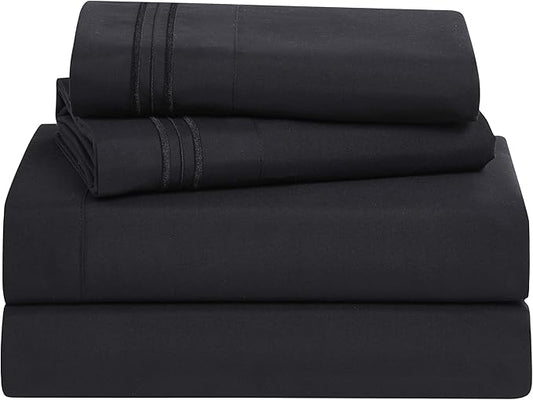 Clara Clark Bed Sheets, Premier 1800 Series 4 Piece Bed Sheet Set, Deep Pocket, Wrinkle, Fade, Stain Resistant, Luxury Soft Bedding Sheets & Pillowcases, Queen, Black