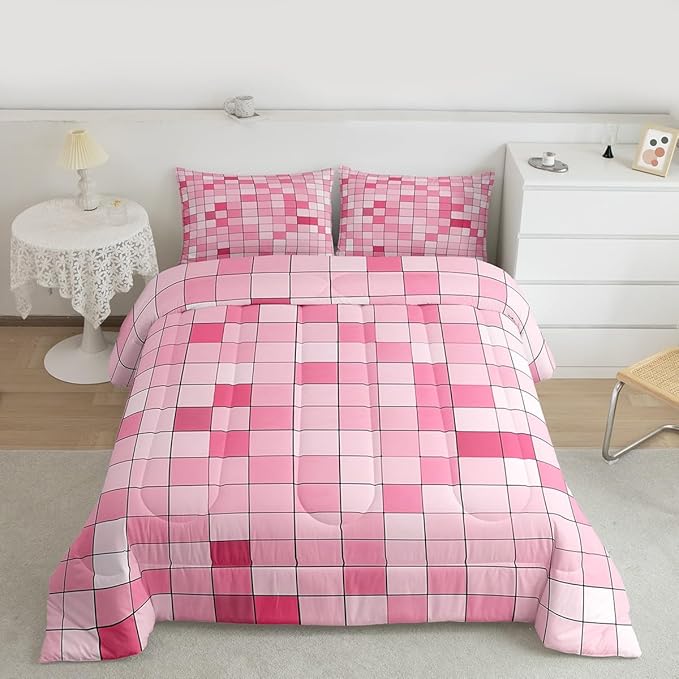 Pixelated Blocks Miners Comforter Set King Size,Video Games Game Gamepad Kids Bedding Set,Geometric Grid Patchwork Quilt Comforter,Pink Duvet Insert,2 Pillowcases
