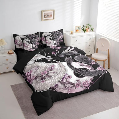Feelyou Dragon Comforter Set 7 Pieces Queen Size Yin Yang Cherry Flower Bedding Set for Boys Girls Wildlife Bed in a Bag with Comforter, Sheets, Pillowcases & Cushion Covers