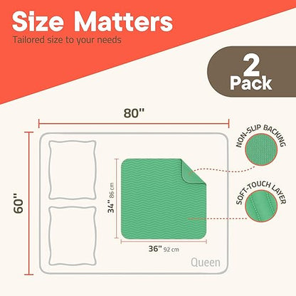 Washable Underpads Large 34"x36" (Pack of 2) – Reusable Waterproof Bed Pads for Adults & Seniors, Extra Heavy Absorbency Incontinence & Bedwetting Pads, Soft Non-Slip TPU Backing, Green.