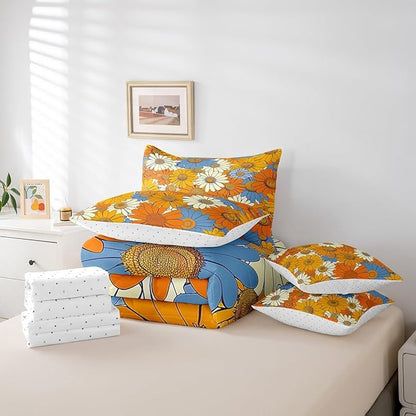 70s Groovy Flowers Comforter Set 7 Pieces,Hippie Retro Daisy Bed Set,Watercolor Farmhouse Style Bedding Bed in a Bag,King (1 Comforter,2 Pillowcase,2 Pillow Covers,1 Flat Sheet,1 Fitted Sheet)
